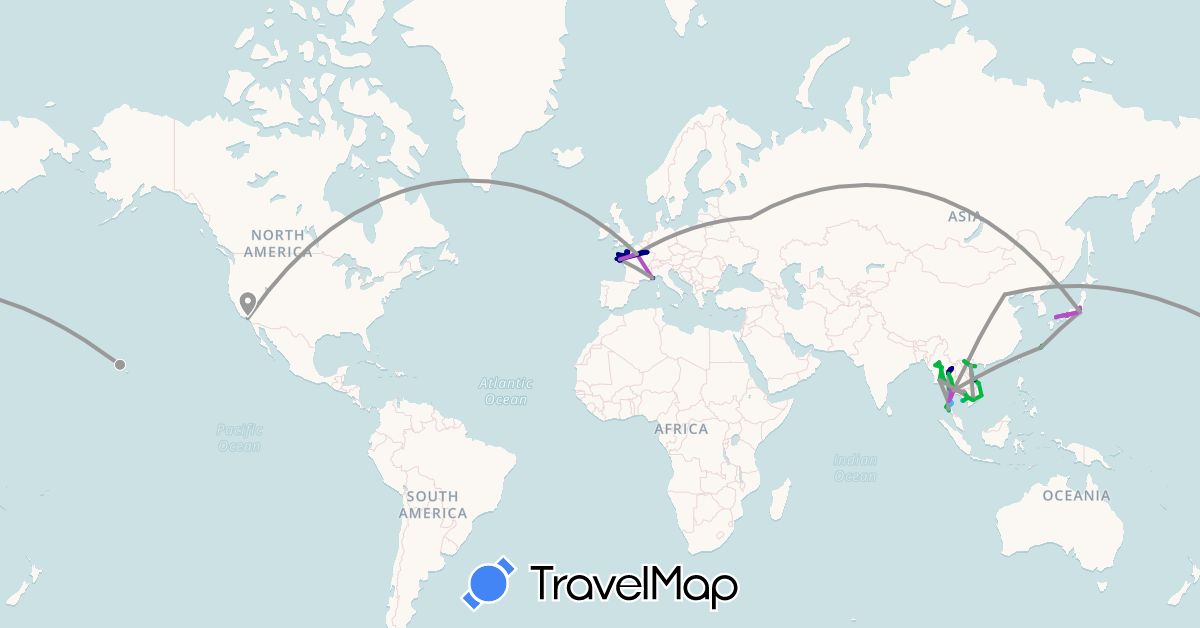 TravelMap itinerary: driving, bus, plane, train, boat, motorbike in China, France, Japan, Cambodia, Monaco, Myanmar (Burma), Russia, Thailand, United States, Vietnam (Asia, Europe, North America)
